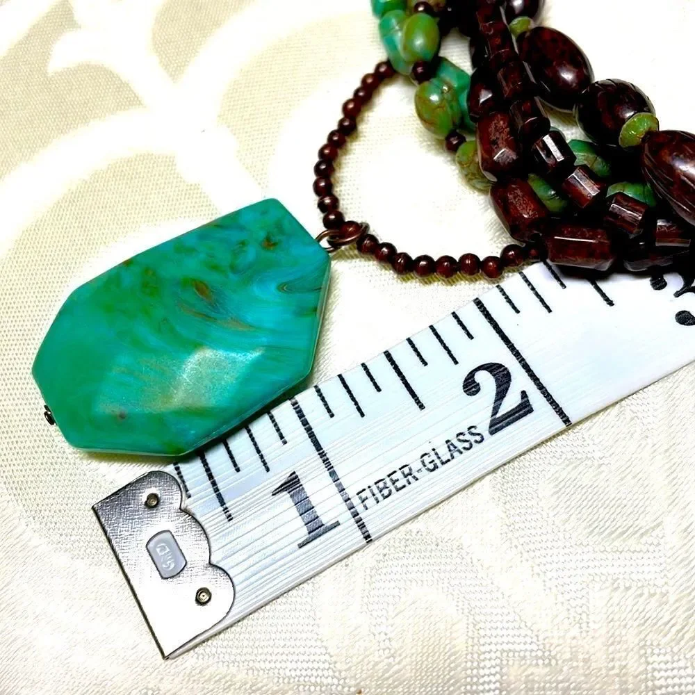 Multi-strand faux turquoise pendant adjustable necklace of browns and blue green